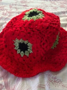 Red Crochet Kids Bucket Hat with Green Floral Accents